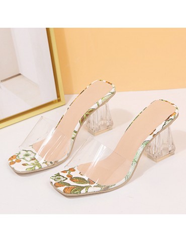 Large Sizes Women Transparent Laces Block Heels Pumps Slippers