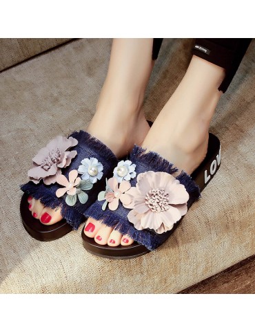 Women Casual Beach Flowers Denim Cloth Slippers