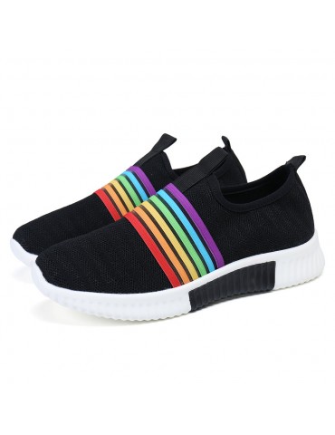 Plus Size Women Rainbow Stripe Knitted Breathable Casual Walking Shoes