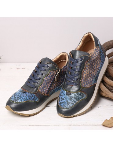 Retro Leather Veins Pattern Splicing Stitching Lace Up Flat Sneakers