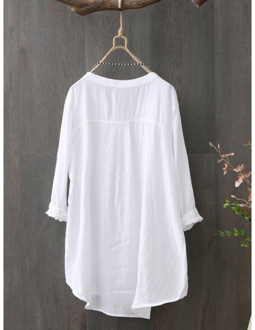 100% Cotton O-Neck High Low Front Pockets Casual Loose Shirt For Women