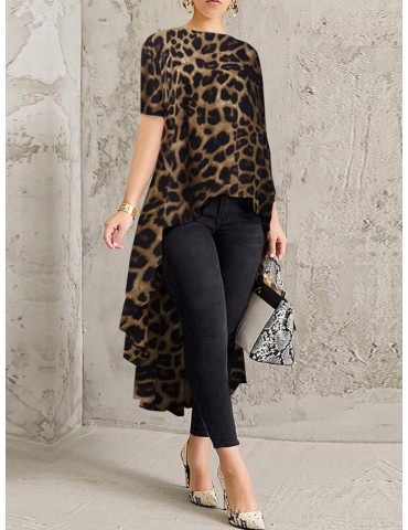 100% Polyester Leopard Print High Low Blouse For Women