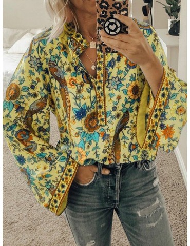 Ethnic Floral Print V Neck Long Sleeved Bohemian Shirts For Women