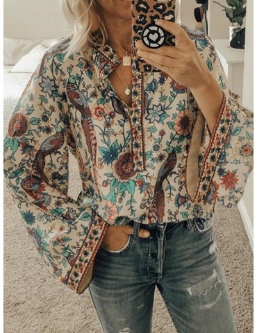 Ethnic Floral Print V Neck Long Sleeved Bohemian Shirts For Women