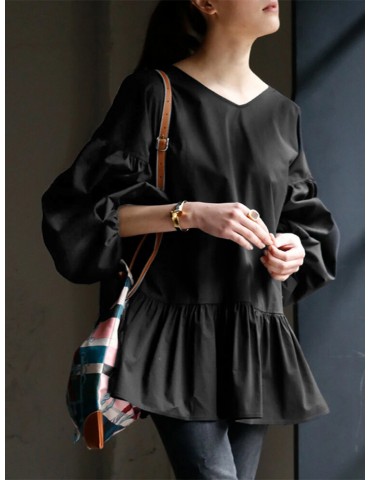 Leisure Puff Sleeve Back Drawstring Pleated Loose Blouse