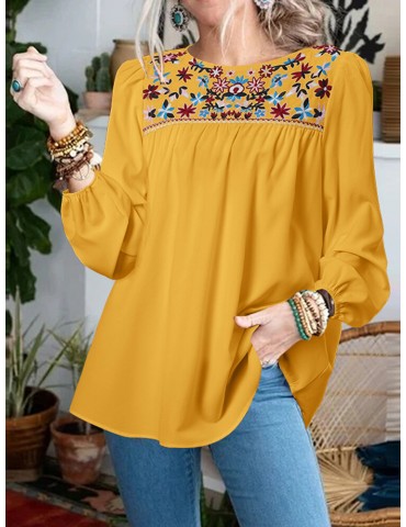 O-Neck Floral Bohemian Leisure Full Sleeve Blouses For Women