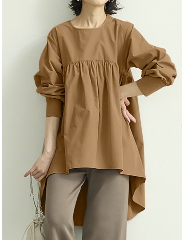 Women Puff Sleeve Loose Pleated Spliced Solid Back Button Casual Shirts