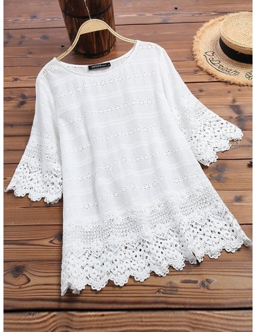 Women Pure Color Embroidery Hollow Half Sleeve Blouse