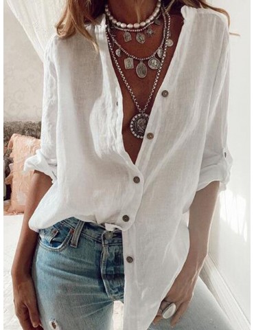 Women Simple Solid Color Long Sleeve Button Casual Shirt