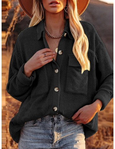 Women Solid Corduroy Button Chest Pocket Long Sleeve Casual Shirt