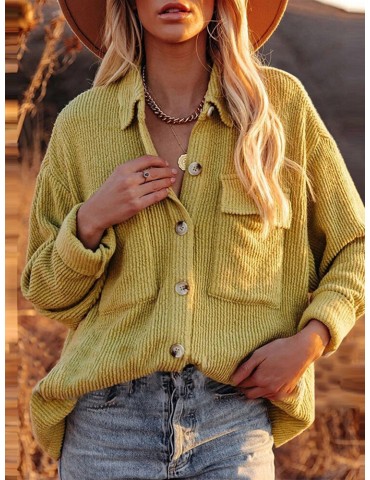 Women Solid Corduroy Button Chest Pocket Long Sleeve Casual Shirt