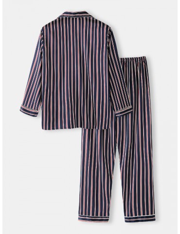 Classic Stripe Revere Collar Long Sleeve Elastic Waist Ice Silk Home Casual Pajama Set