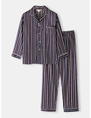 Classic Stripe Revere Collar Long Sleeve Elastic Waist Ice Silk Home Casual Pajama Set