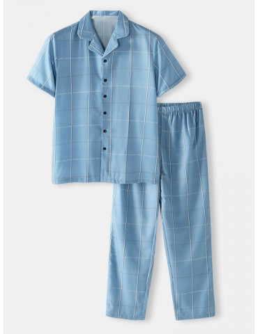 Cotton Mens Design Letter Plaid Revere Collar Home Casual Pajama Set