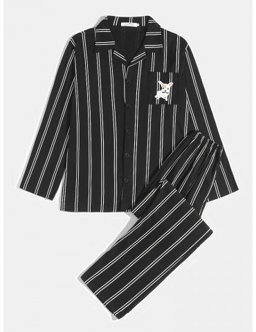 Mens Striped Cute Dog Embroidery Cotton Lapel Two-Piece Home Pajamas Sets